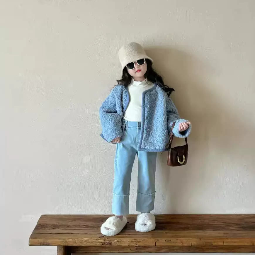 儿童韩版童装2024秋冬新款女童洋气皮毛一体外套麂皮绒毛绒上衣