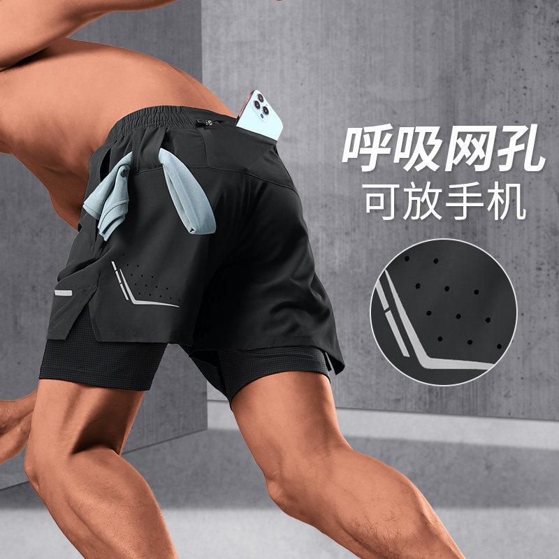 Men's running shorts, three-quarter length, two-in-one design, sports marathon, lined with ice silk, quick-drying, can hold a phone, black training pants