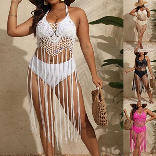 Cross-Border European and American Plus Size Women's New Sequin Splicing Pure Hand Hook Suspender Skirt Vacation Long Tassel Bikini Cover-Up