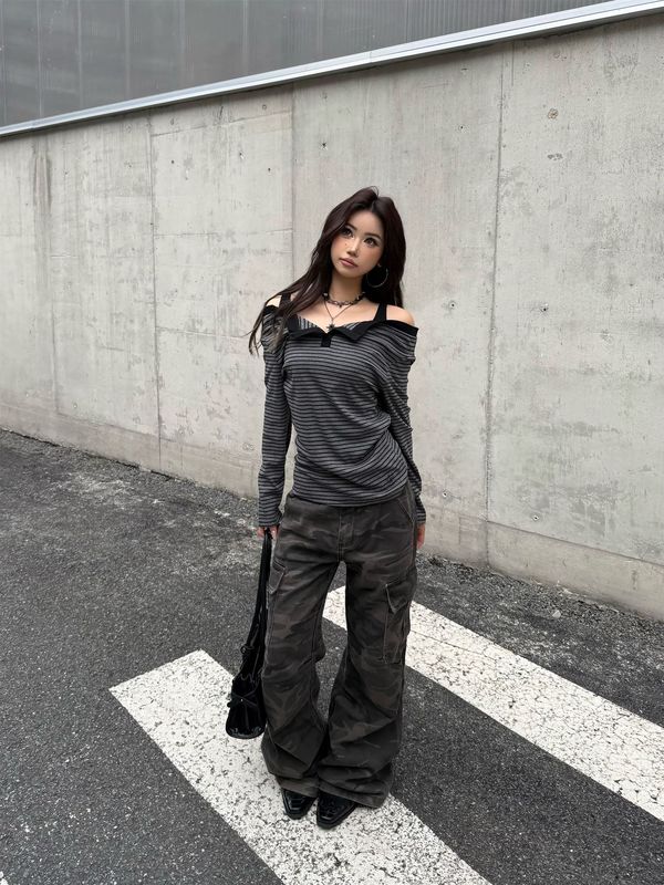 设计感美式基础款休闲吊带露肩横条纹修身长袖T恤衫显瘦女上衣ins|undefined