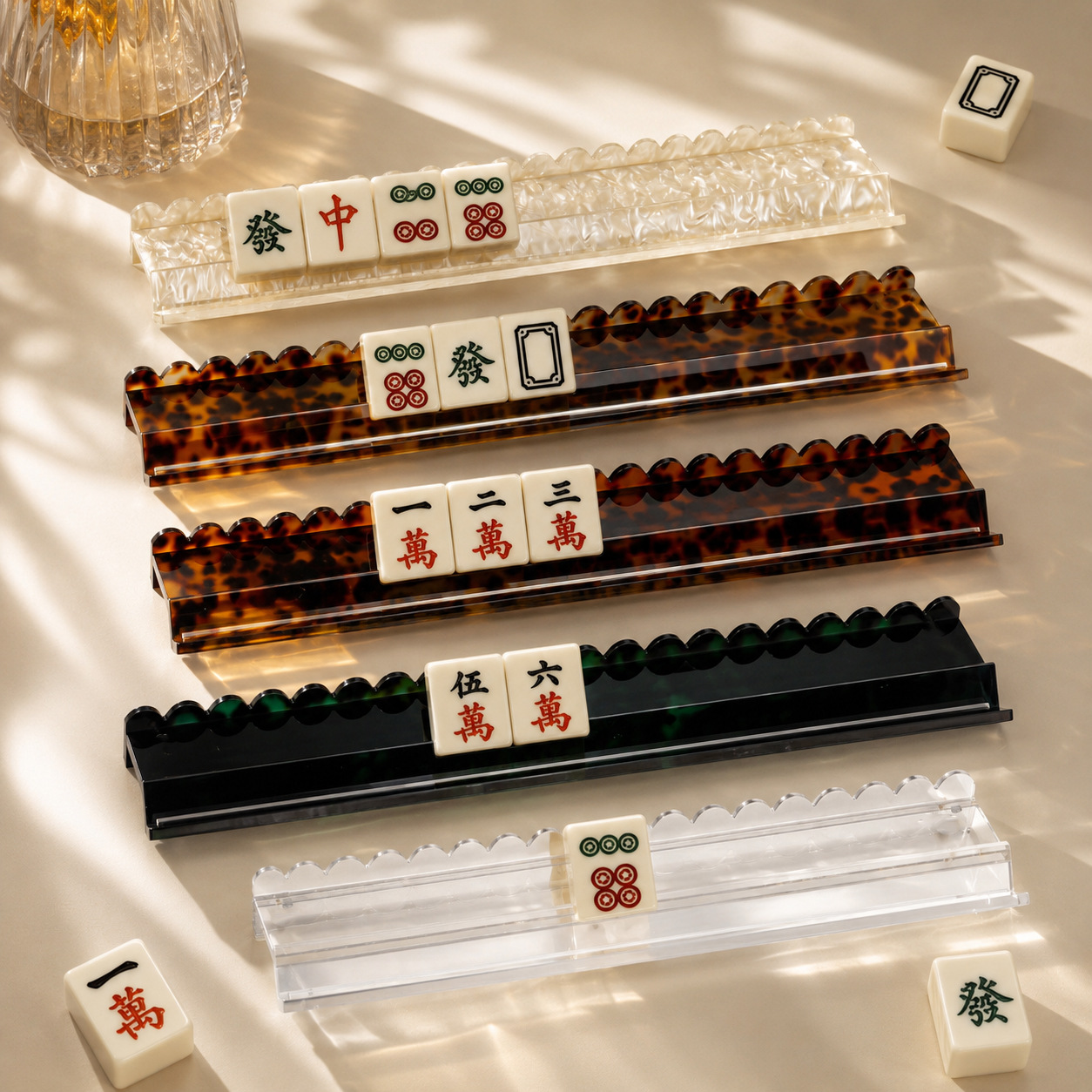 Amazon's new shell-patterned mahjong tile ruler, tortoiseshell acrylic mahjong tile organizer, tile pusher, and tile holder, 1 set of 4 pieces