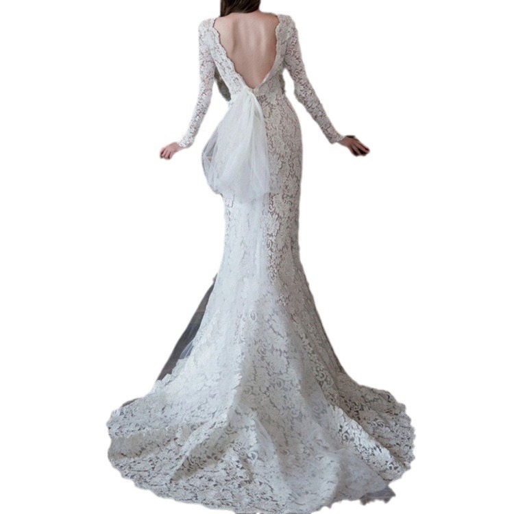El comercio exterior de encaje francés de cola de pescado ligero vestido de boda 2024 nuevo vestido de novia de encaje de manga larga vestido de alta calidad