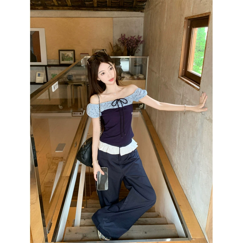 Футболка с короткими рукавами в балетном стиле в горошек, женская нишевая футболка с косыми плечами + широкие брюки по реальной цене