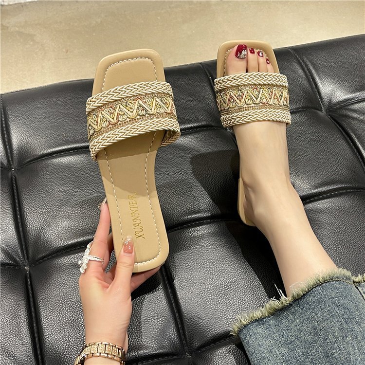Große einreihige Hausschuhe mit flacher Sohle für Damen im ethnischen Stil, gewebte Strandsandalen mit quadratischer Zehenpartie_voghion.com