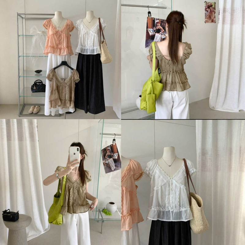 Susan French-Style Lace Heavy-Duty V-Neck Backless Sheer Ruffle Blouse with a Unique Design Short-Sleeve Top 5039S