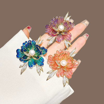 Vintage Enamel Peony Flower Brooch for Women, Niche Chinese Style Painted Flower Pin, Suit Lapel Accessory Pin
