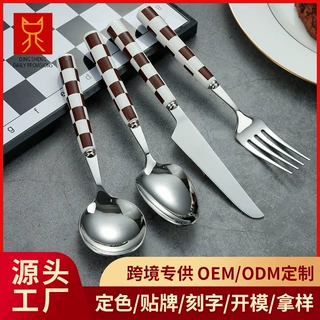 定制 陶瓷手柄牛排刀叉勺304不锈钢餐具下午茶棋盘格勺西餐厅餐勺
