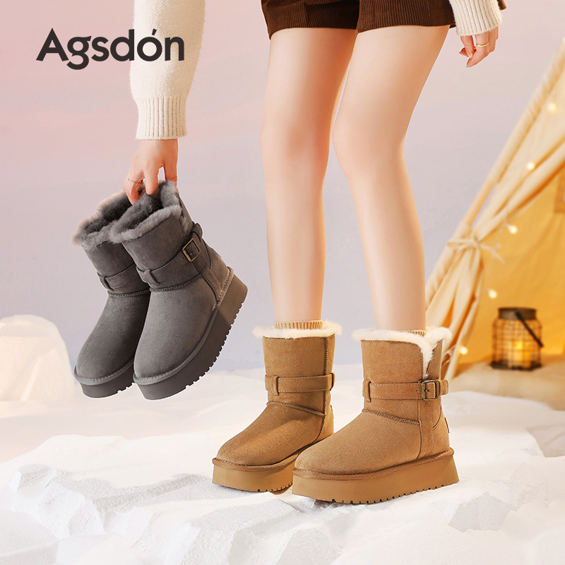 Botas de nieve de fondo grueso para mujeres 2025 nuevas botas de invierno de lana gruesa dobladas dos botas de algodón de lana