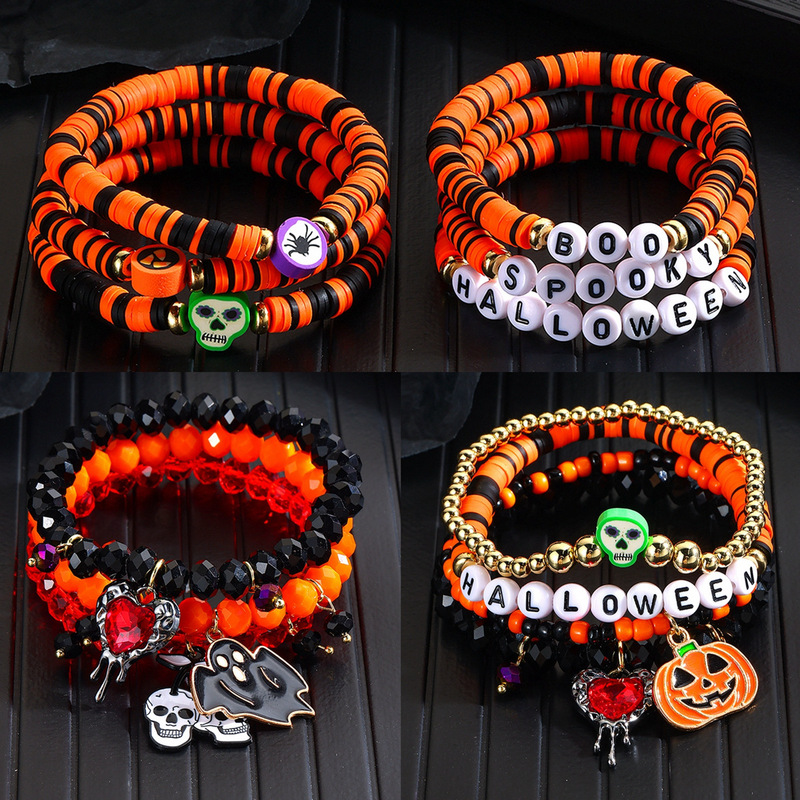 Cross-Border Bracelet Set Amazon Best Selling Rice Beads Orange Pumpkin Skull Pendant Halloween Beaded Bracelet
