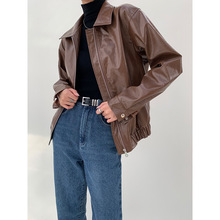 鸿衫 2025年秋季新款街头御姐风皮衣女复古帅气 翻领皮夹克外套