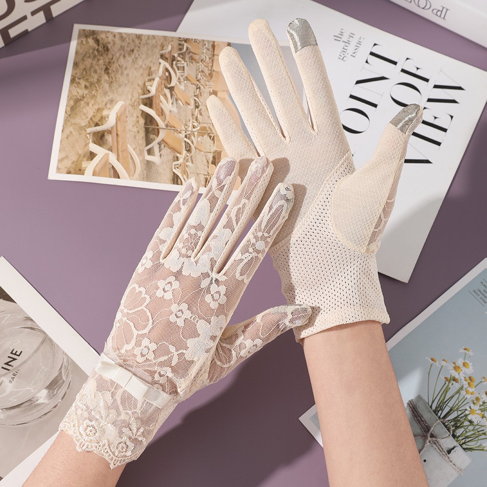 Guantes de protección solar para mujer en verano, protección UV, longitud extendida, hilo de algodón, para conducir y andar en bicicleta, pantalla táctil, antideslizantes, guantes finos de encaje