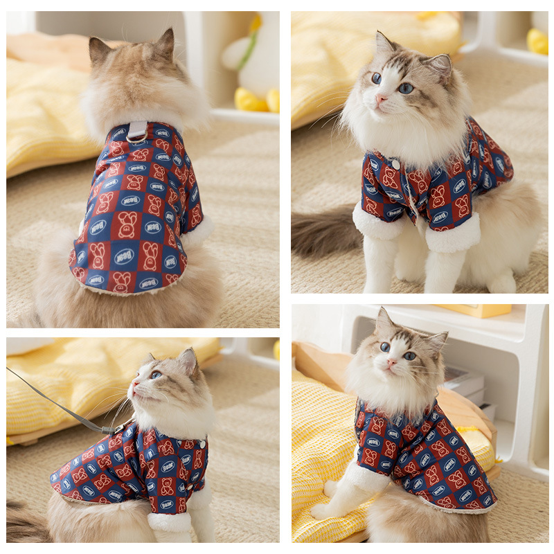 가을과 겨울을위한 새 고양이 옷 두껍고 따뜻한 곰 격자 무늬 인쇄 견인 코튼 코트 파란 고양이 새끼 고양이 고양이 의류