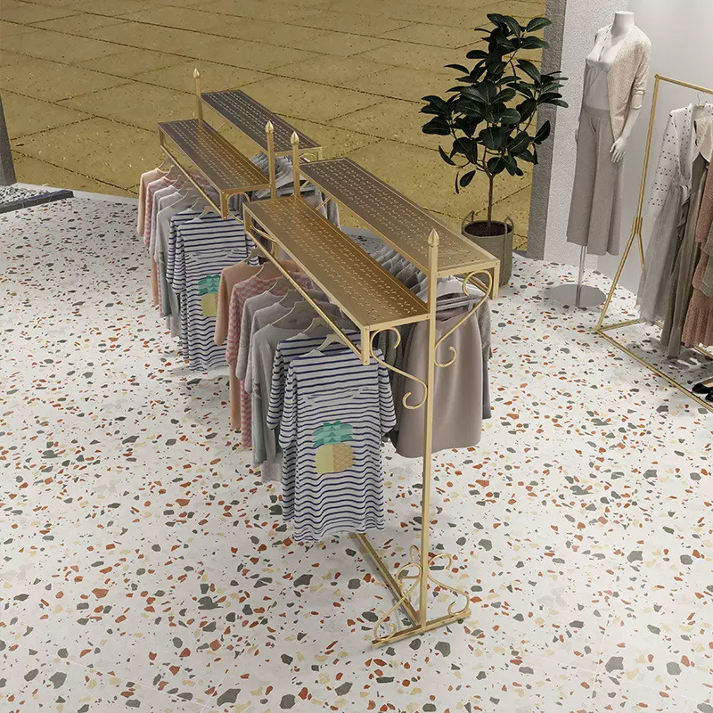 服装中岛展示架落地式组合男女童装店货架中间双排挂衣服架子金色