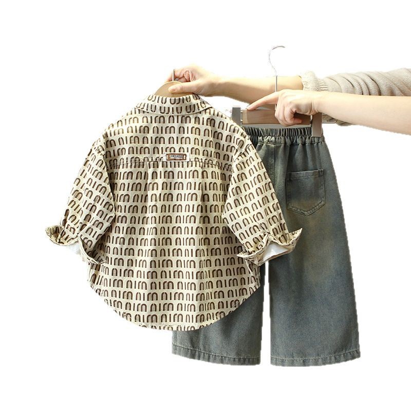 7678 traje de primavera y otoño para niños 2025 nuevo estilo chaqueta de camisa para niños bebé primavera traje de tres piezas de moda coreana