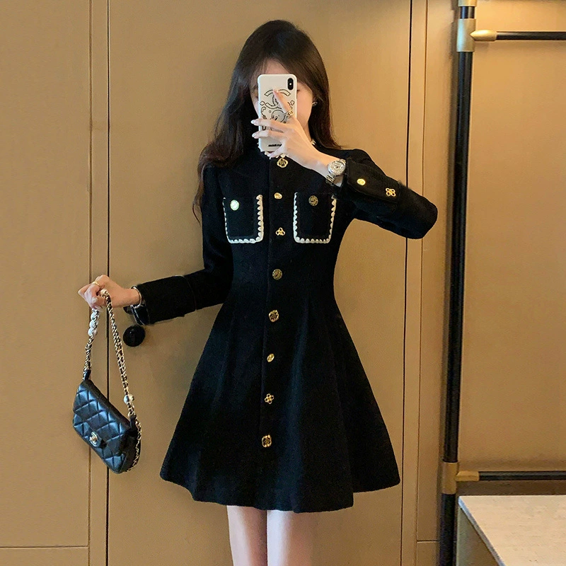 Женское платье в твидовом стиле, новинка 2025 года, французский стиль, ретро, ​​с эффектом похудения талии, черная внутренняя юбка