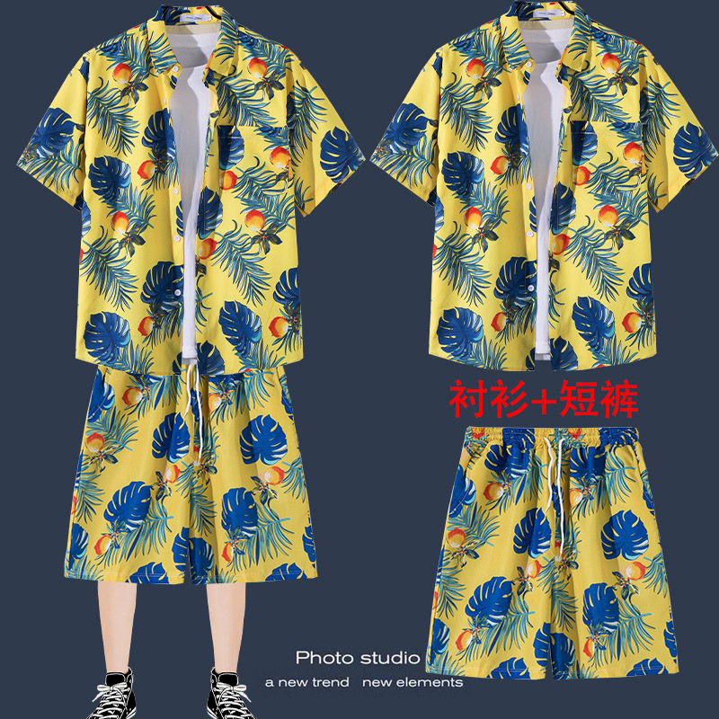 Casual retro Hawaiian shirt shorts summer trendy loose short sleeve Japanese seaside couple Beach suit men