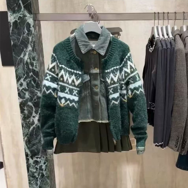 VM NY NB UR Elegant All-match Lazy Wind Jacquard Christmas Tree Wool Fell Island Sweater Knitted Cardigan Women