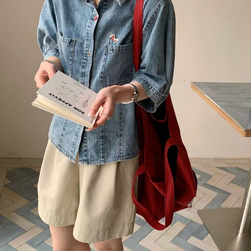 26 Spring Style Short-Sleeved Embroidered Pony Denim Shirt Loose Casual Korean Style Top College Style Short-Sleeved New Style