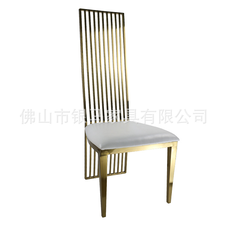 Fábrica al por mayor Hotel banquete boda comedor silla boda galvanoplastia Silla de acero inoxidable Bolsa De Oro suave Silla de comedor de cuero