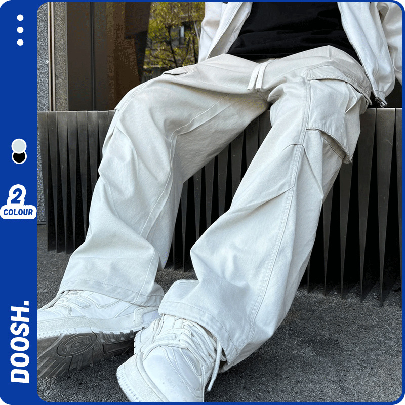 American Style Retro Student Fashionable Pleated Multi-Pocket Crowd Pants Men's Autumn High Street Vibe Loose Straight Wide-Leg Pants