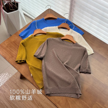 康赛妮100%山羊绒衫短袖针织衫圆领软糯打底衫上衣女春秋套头毛衣