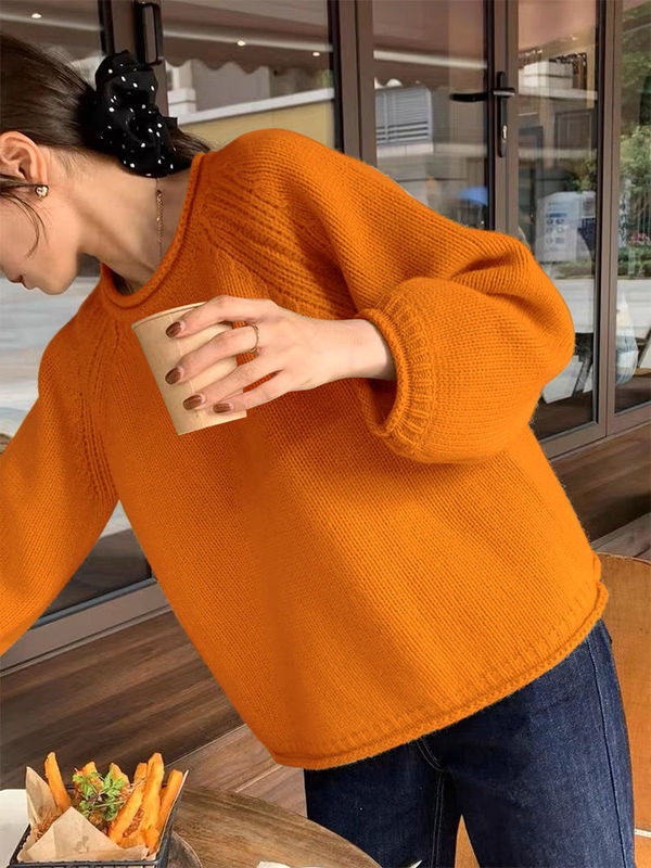 Korean-Style Pumpkin Orange Design Niche Sweater for Women, Autumn and Winter Loose Lazy Style Pullover Knitwear, Thick
