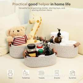 跨境编织收纳储物篮带皮革手柄棉绳编织篮客厅玩具收纳篮收纳筐