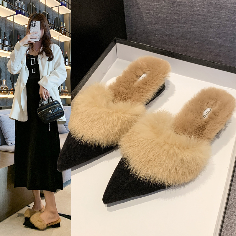 Autumn and Winter New Korean Style Fashionable Pointed Toe Thick High Heels Fashion Casual Large Size Women's Plush Cotton Slippers