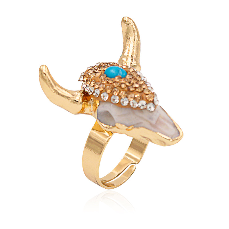 20g Weight December Birthstone Turquoise, Rhinestones Inlay Material Exaggerated Bull Head Alloy Inlay Turquoise Rhinestones Unisex Open Ring