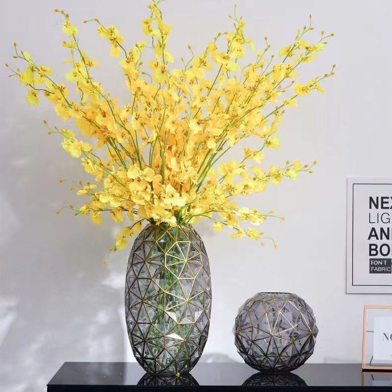 Vaso de vidrio de color ligero de lujo europeo de alto valor decorativo floral de sala de estar de gran calibre ornamental floral