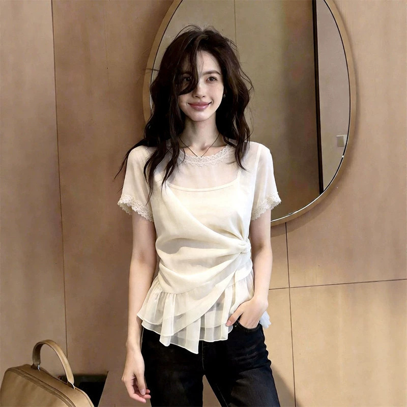 White Lace Round Neck Short-Sleeved T-Shirt for Women 2026 Summer New Fashion Slimming Look White Chiffon Shirt 11966