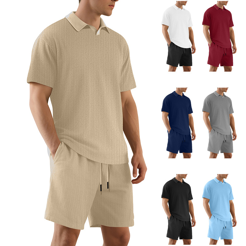 25 pantalones cortos de manga corta con textura europea y americana transfronteriza para hombres, deportes de ocio de verano, estilo de dinero viejo, camisa POLO de solapa