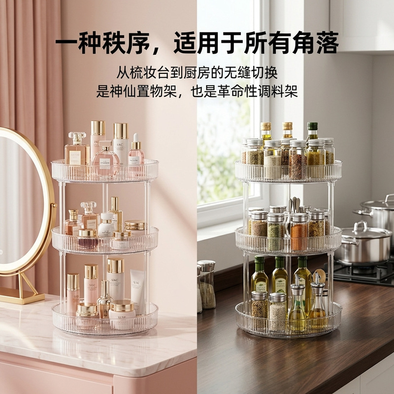 Cross-Border Rotating Countertop Bathroom Storage Rack Cosmetics and Condiments Storage Box Kitchen Tabletop Organizer