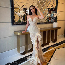 跨境欧美亮片新款抹胸V领珍珠镶钻羽毛开叉修身高端名媛聚会礼服