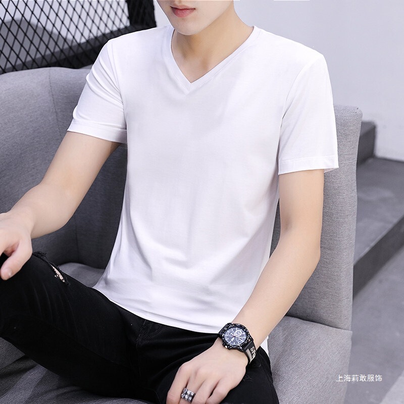 2026 Pure Cotton T-Shirt Men's Short-Sleeved V-Neck Korean Style Trendy Half-Sleeved Solid Color Summer Clothing T-Shirt Men's Base Shirt