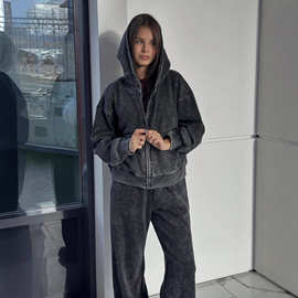 外码欧美复古做旧卫衣女秋冬套装街头风宽松休闲运动连帽衫两件套