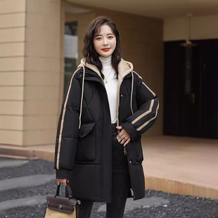 Foreign Trade Winter Fake Two-piece Down Cotton-padded Jacket Women's Korean-style Solid Color Mid-length Hooded Striped Loose plus size Women's Cotton-padded Jacket