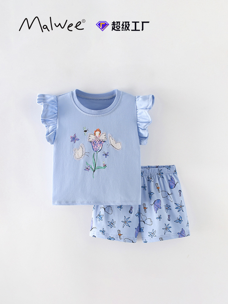 Trajes de niñas malwee transfronterizos de verano nuevos niños europeos y estadounidenses de cuello redondo de manga corta de dos piezas para niñas