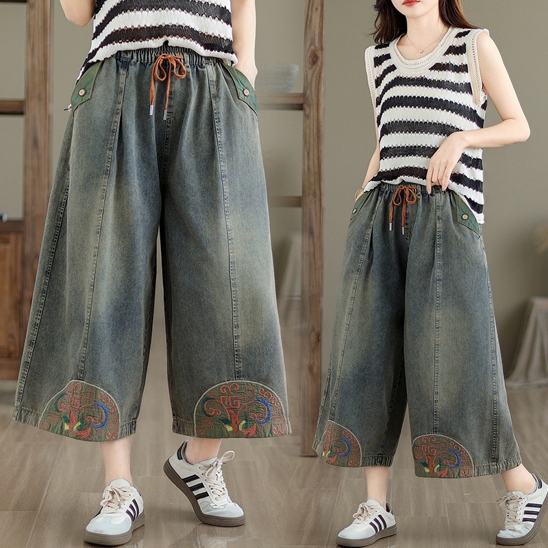 National Style Embroidered Denim Wide-Leg Pants for Women, 2026 Summer New Style, Elastic Waist, Loose Fit, Vintage Distressed Cropped Pants
