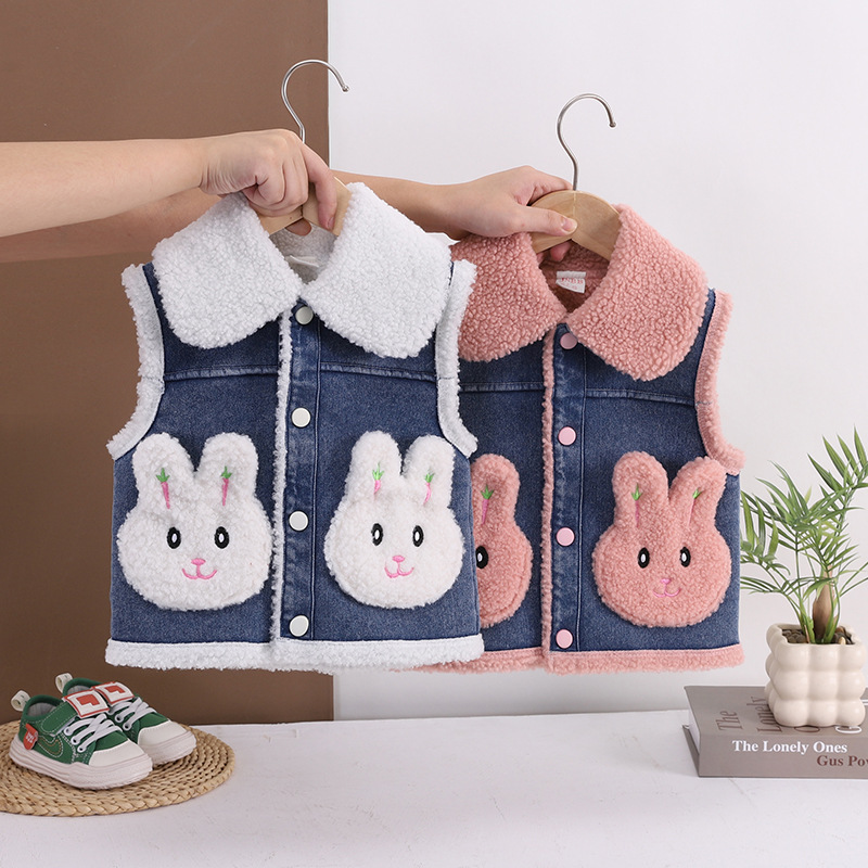 Niñas engrosadas chaleco de conejo otoño y invierno nuevo tipo de camisa de hombro con chaleco caliente para niños de mediano y medio estilo coreano