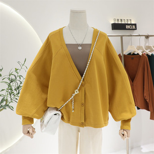 Autumn Sweater Cardigan Coat Women's Small Short Card Waist High Loose Lazy Cotton Terry Color All-match