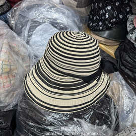 韩版休闲可折叠太阳帽大帽檐条纹沙滩帽任意凹造型渔夫帽系带盆帽
