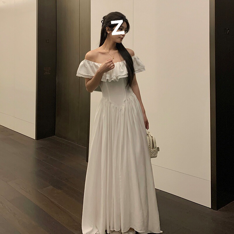 新款气质荷叶边显瘦飞飞袖a字裙连衣裙白长裙子女夏|undefined
