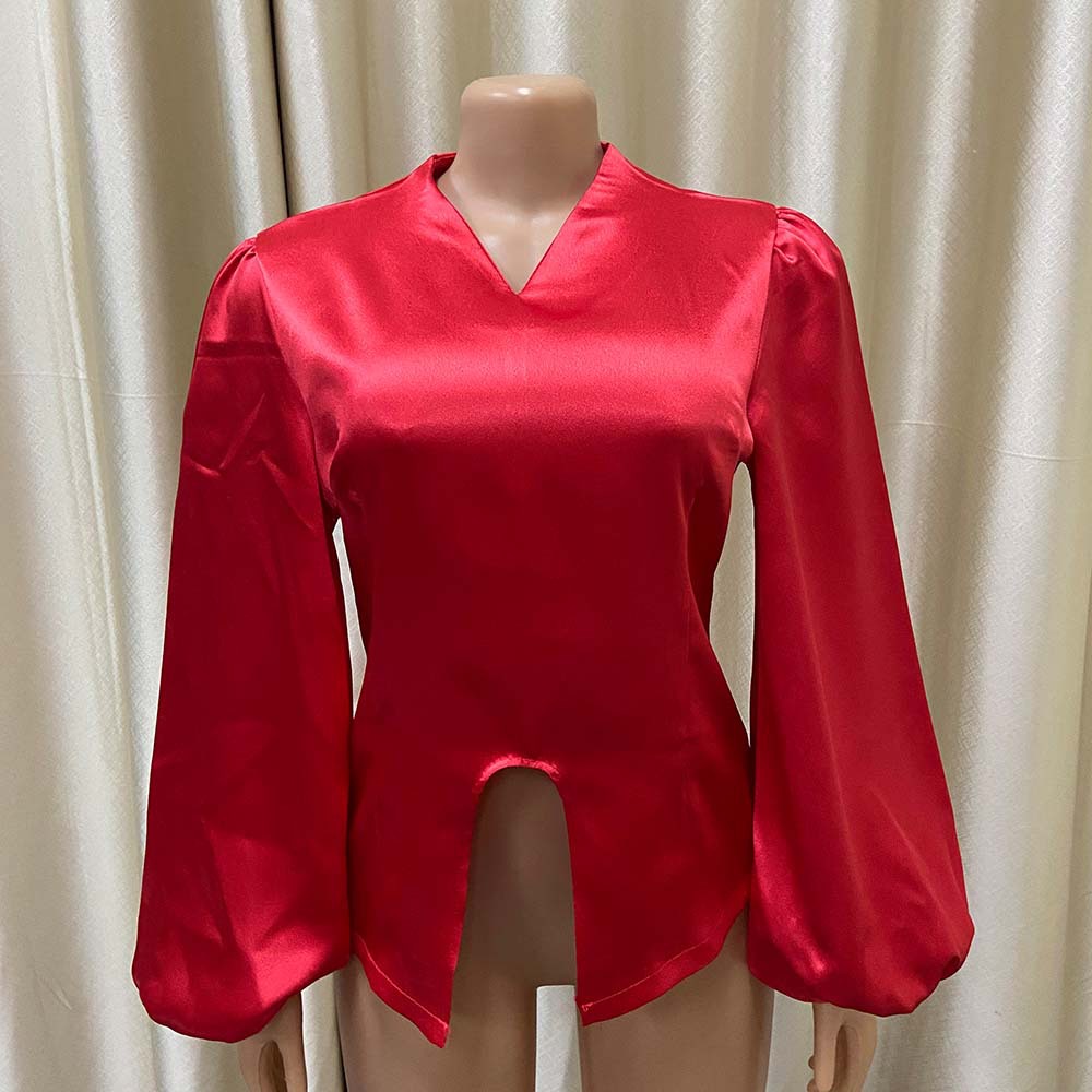 Patchwork Design Fashion Style White, Red, Yellow Color Wholesale Fashion Solid Color White Red Yellow Long Sleeve Patchwork Blouses