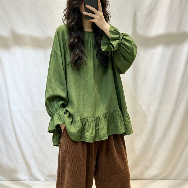 2026 Autumn New Round Neck Versatile Sweet Double Yarn Doll Blouse with Ruffled Cuffs and Hem Pullover Top for Women