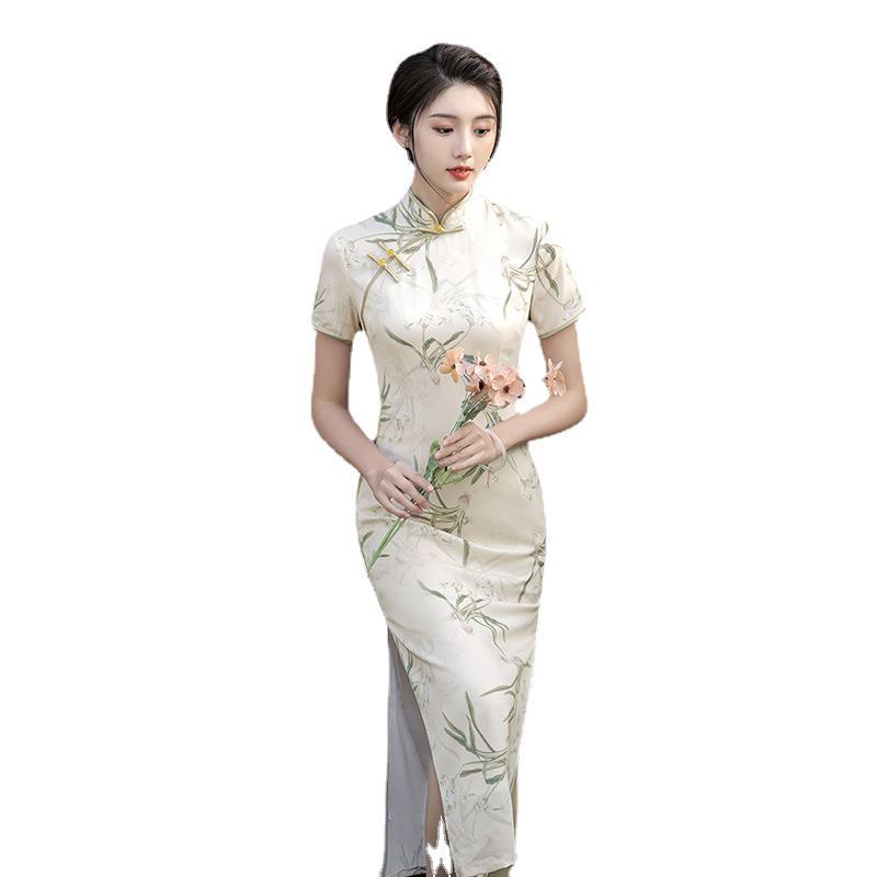 New Chinese-style Elegant Improved Cheongsam Dress For Women, Summer New Design With Buttons, Slit, And Printed Pattern_ecoleips.com