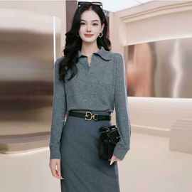 商场同款2025早秋新款简约休闲百搭翻领套头长袖针织衫