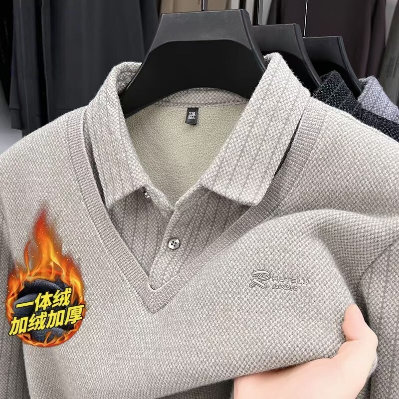 Trendy Winter Sweater for Middle-Aged Men, Two-Piece Set with Shirt Collar, Fleece-Lined, Thickened, Warm Knitwear for Men