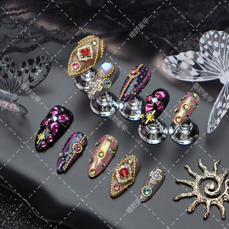 Retro Gothic Style Wearable Nails, Cross Gemstone Relief Handmade Nail Art, Niche Dark Style Detachable Nail Art Retro Gothic Style Wearable Nails, Cross Gemstone Relief Handmade Nail Art, Niche Dark Style Detachable Nail Art