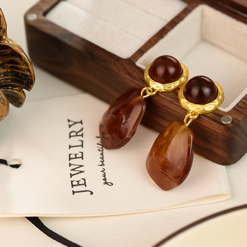 Pendientes Irregulares Color Café Ámbar para Mujer, Novedad Otoño-Invierno 2024, Pendientes de Alta Gama, Estilo Retro Maillard
